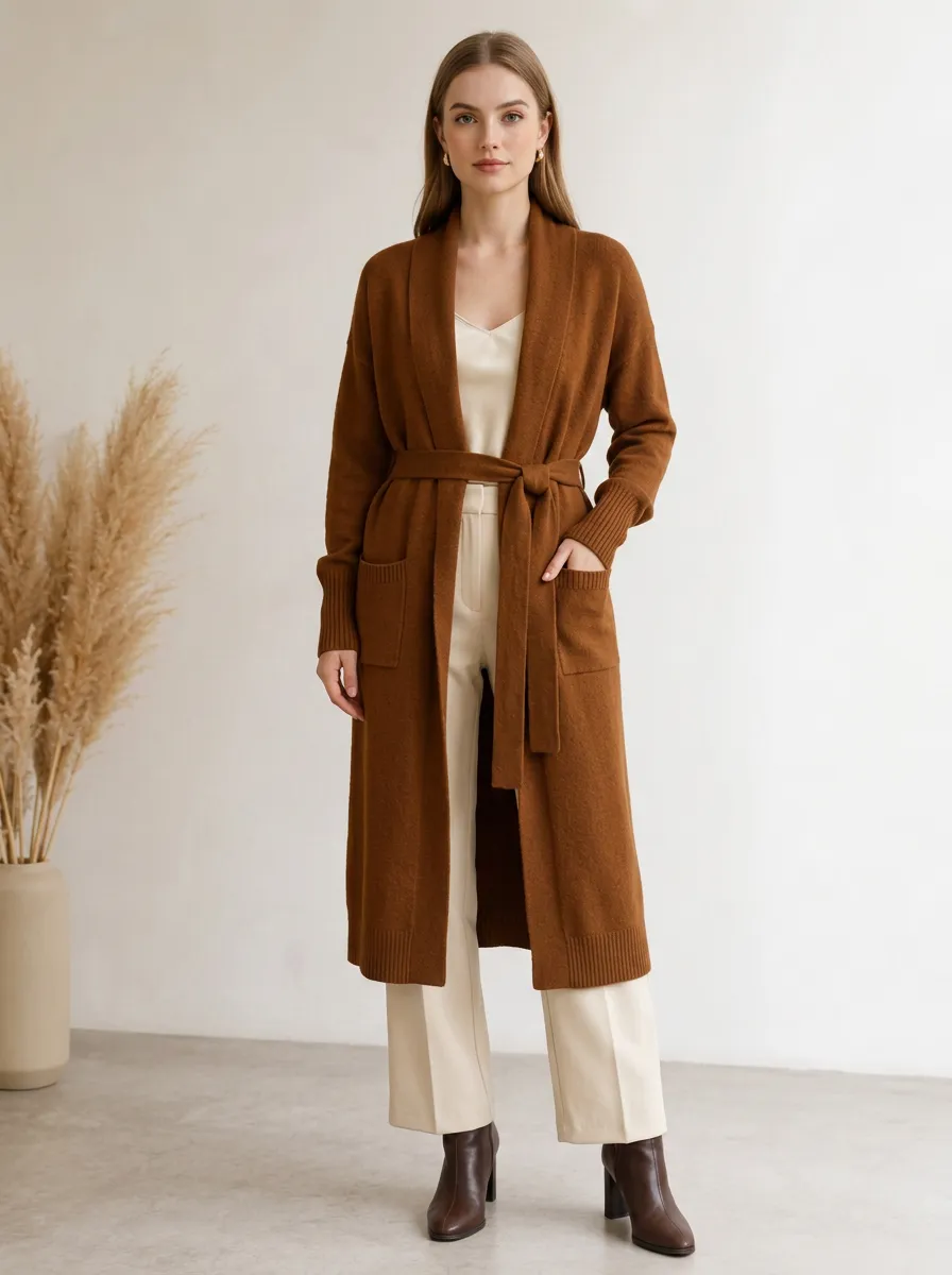 Women's Brown Longline Belted Knit Cardigan
