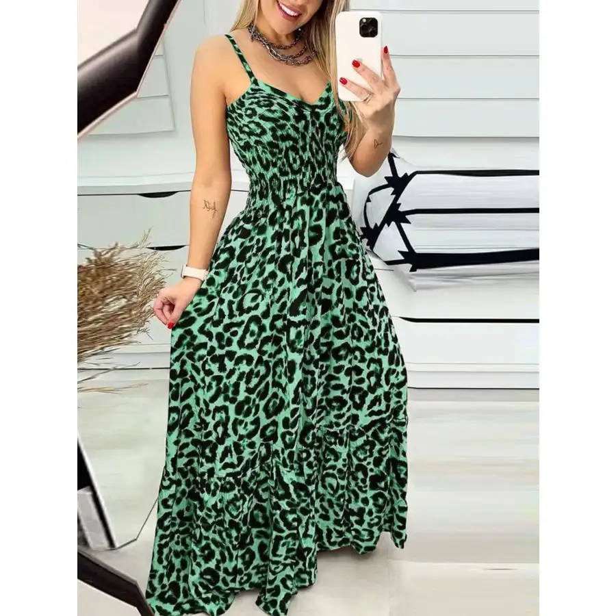 Full Size Leopard Print Spaghetti Strap Maxi Dress Plus Size