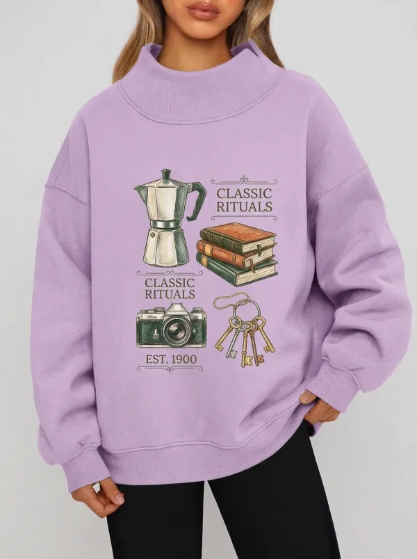 Women's Coffee Book Camera Keys Graphic Sweatshirt
