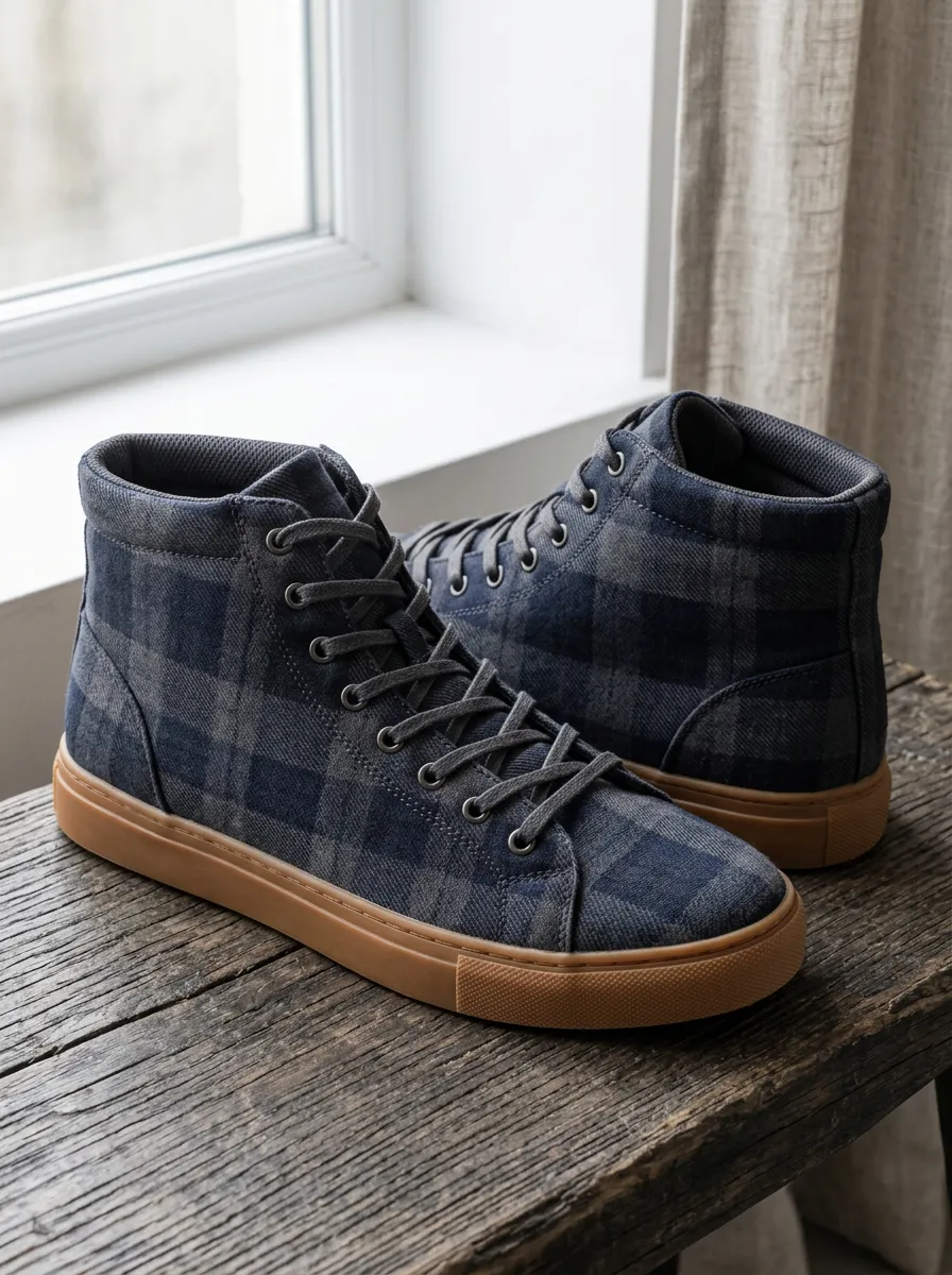 Men's Blue Plaid Pattern Printed Canvas High Top Shoes
