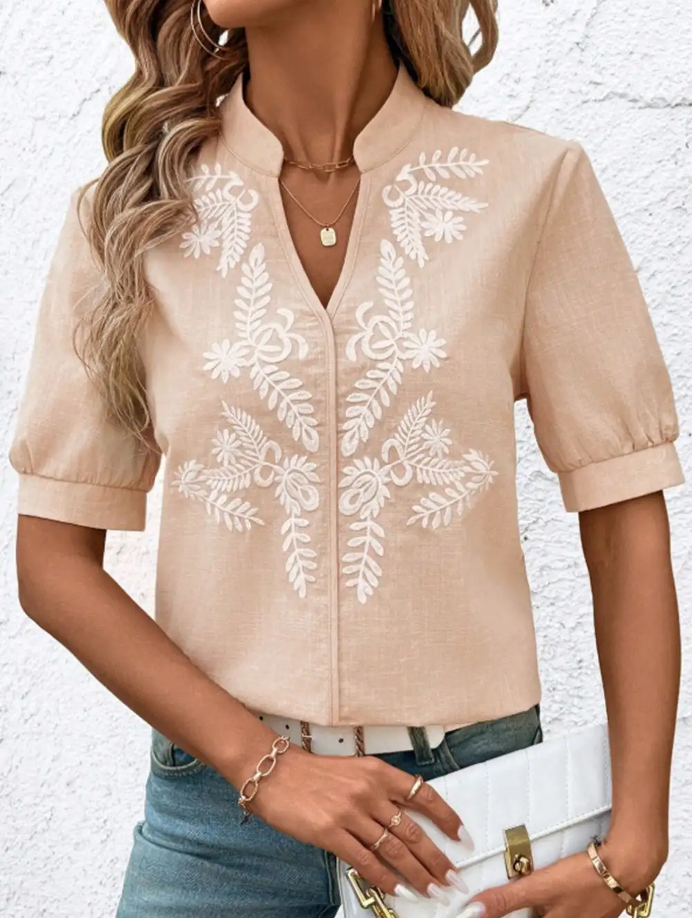 Everyday V Neck Embroidered Blouse