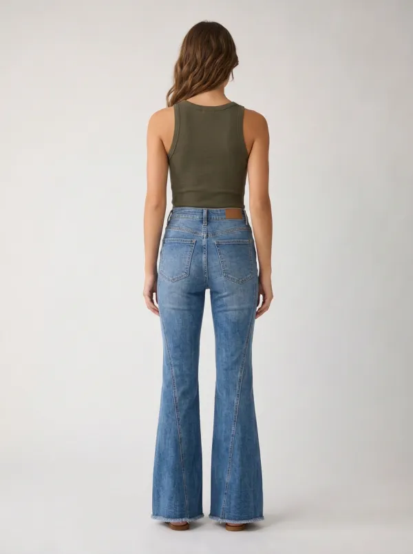 Women's Vintage Style High-Rise Frayed Hem Flared Jeans