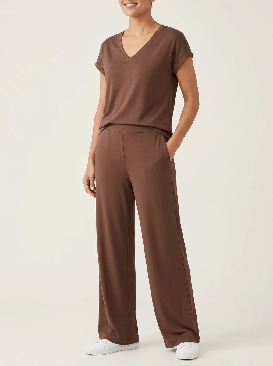 Women's Cuffed-Sleeve V-Neck T-Shirt and Wide-Leg Pants Set