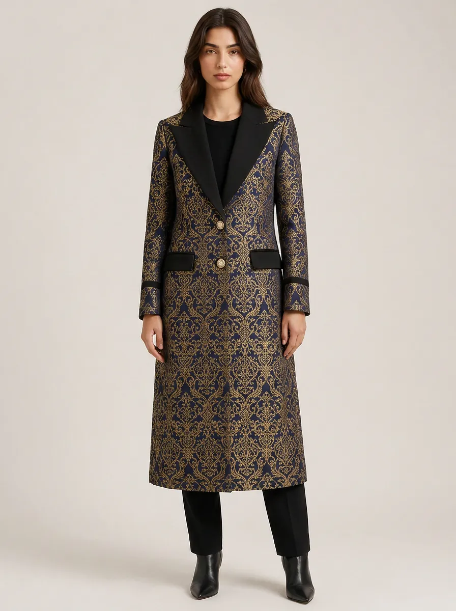 Women's Vintage Baroque Gold Pattern Printed Long Coat