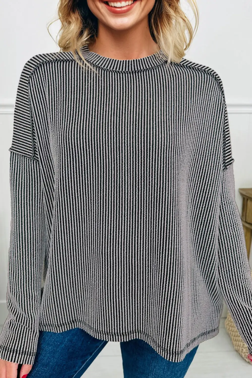 Women's Ribbed Long Sleeve Loose Fit Top