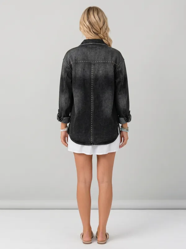 Women's Vintage Black Studded Washed Denim Jacket