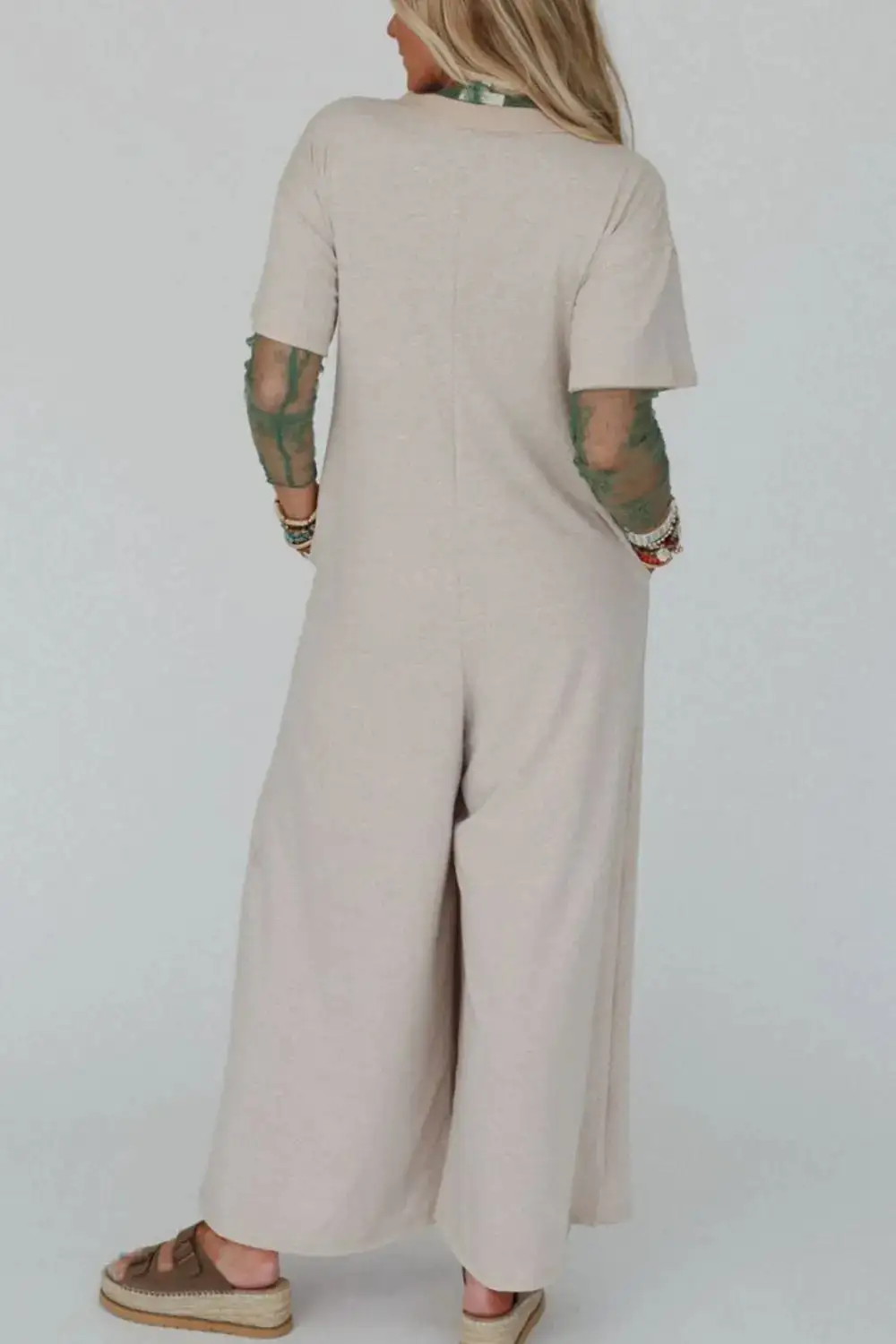 Pocket Front Short Sleeve Wide Leg Shorts