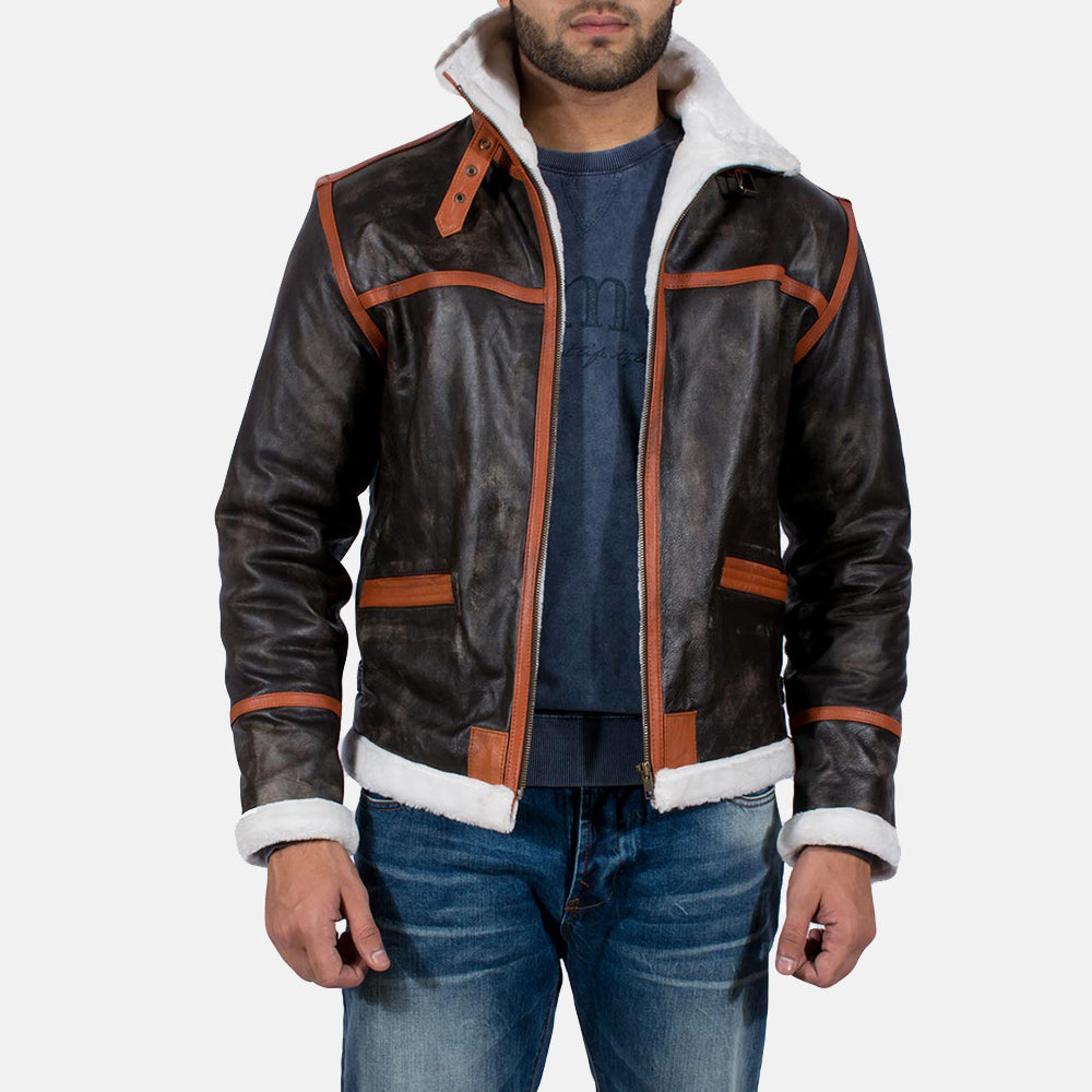 Men's Rugged Leather Fur Trim Jacket