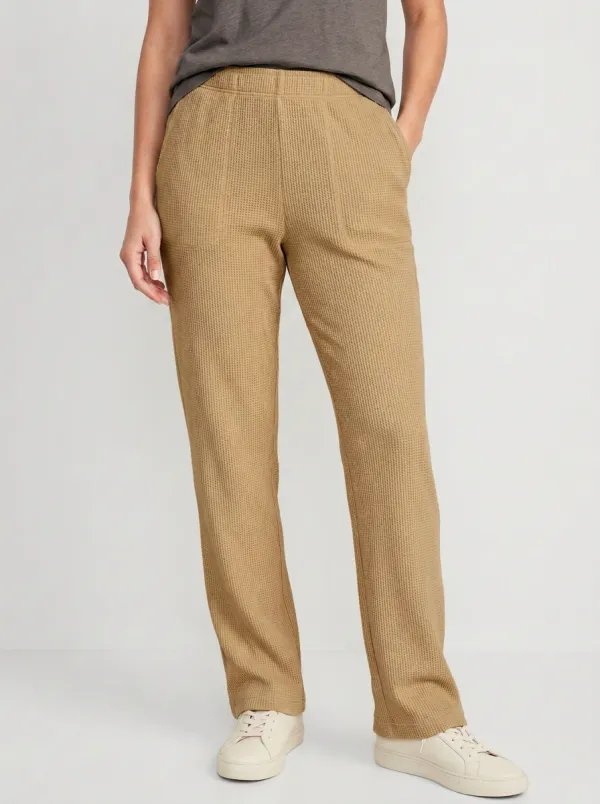 Women's Casual Lounge Waffle Knit Beige Elastic Waist Pants