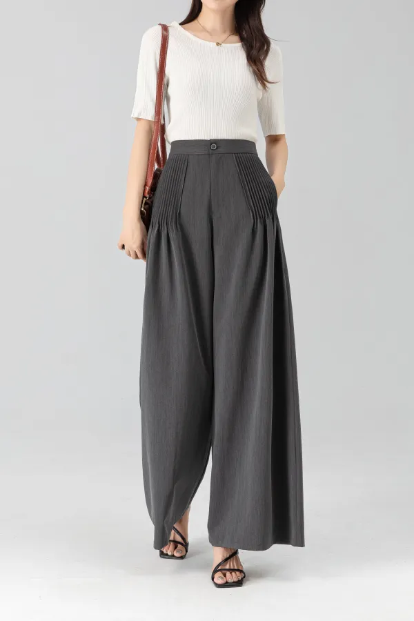 Classic Polyester Wide Leg High Waist Pleated Trousers
