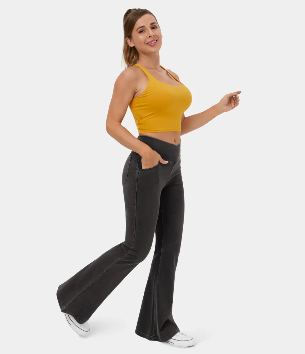Magic High Waisted Crossover Pocket Washed Stretchy Knit Casual Super Flare Jeans