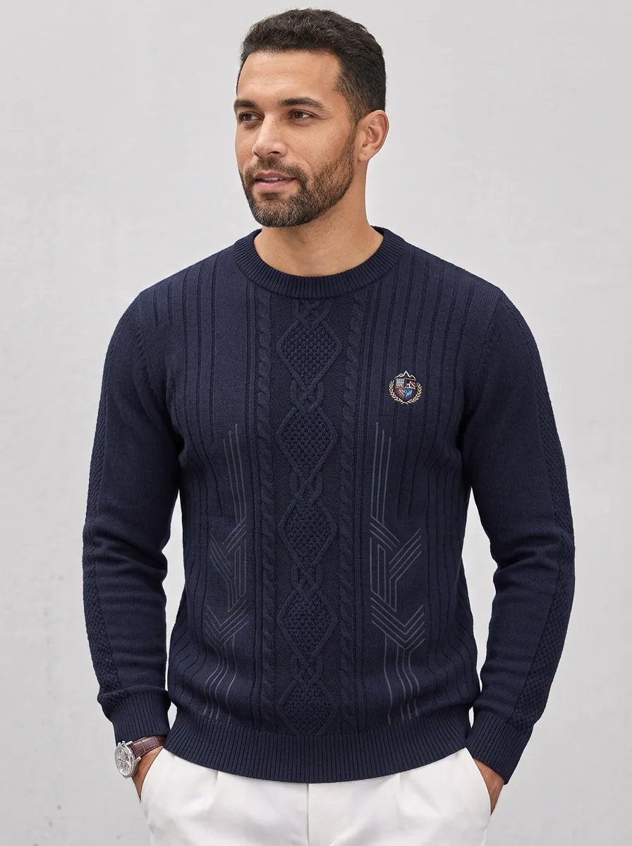Men's Navy Classic Business Casual Emblem Embroidered Knit Sweater