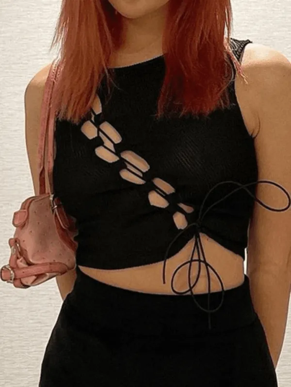 Classic Crew-Neck Lace Cutout Lace-Up Tank Top