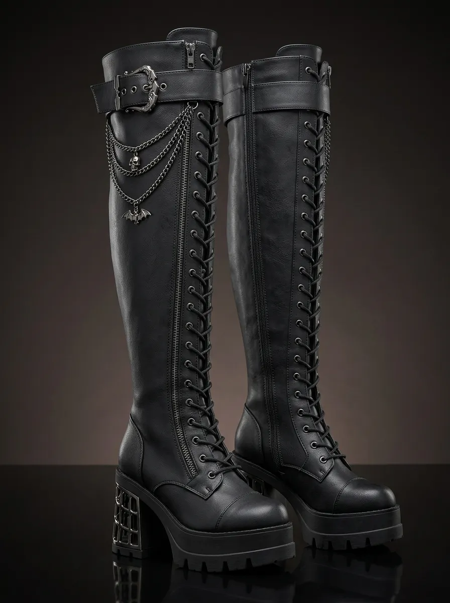 Modern Gothic Skull Bat Lace Detail Women's Gothic Platform Boots