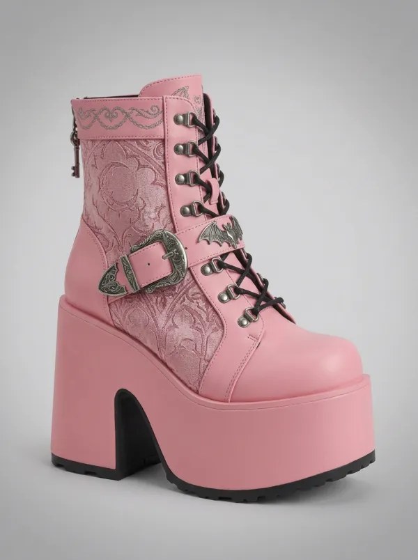 Nightfall Bat Moon Damask Finish Women's Gothic Platform Boots