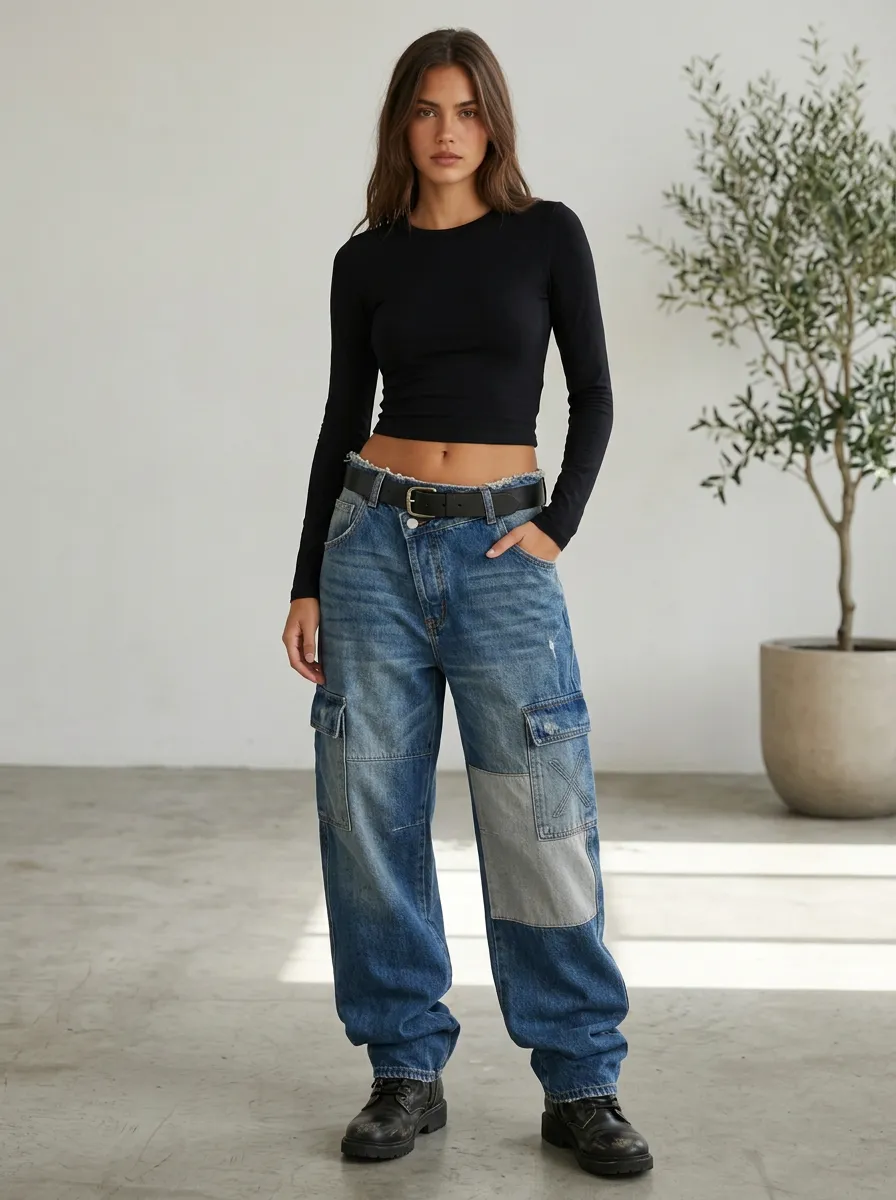 Women's Y2K Streetwear Patchwork Distressed Printed Cargo Jeans