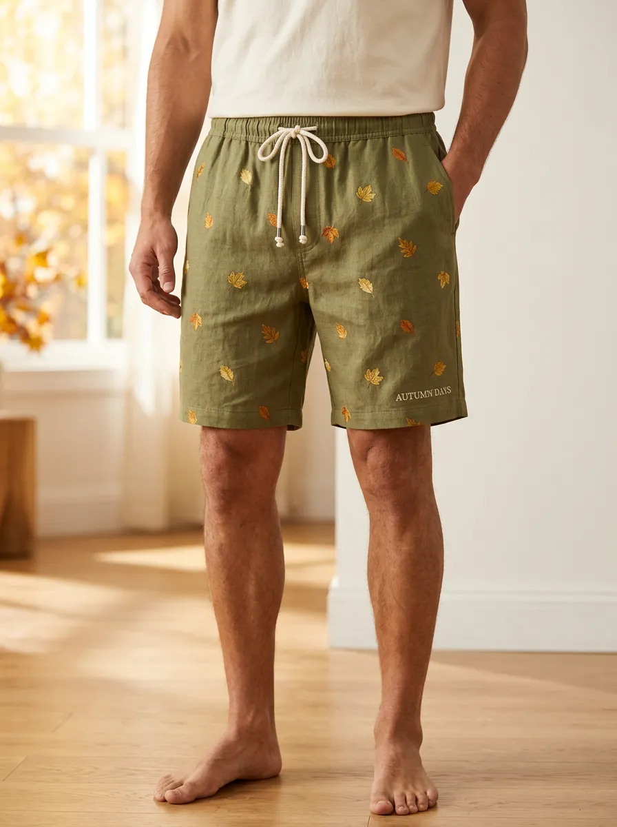 Olive Leaf-print Drawstring Relaxed Fit Shorts