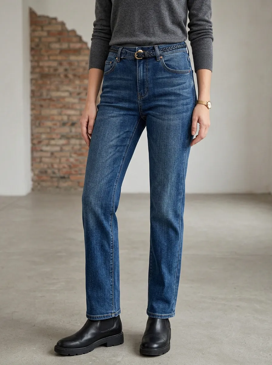 Women's High-Waisted Braided Belt Detail Blue Denim Jeans
