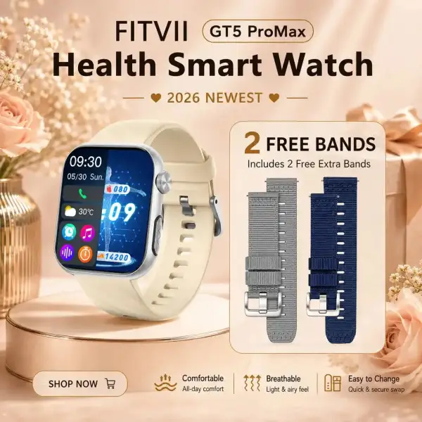 Upgrade FITVII® GT5 Pro Max Blood Pressure Smartwatch with EKG, Glucose Trends, HRV, SpO₂, Sleep & More