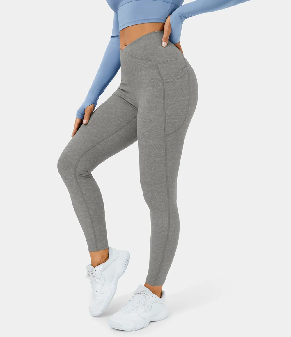 Crossover Side Pocket Stretchy Denim Print Yoga Leggings