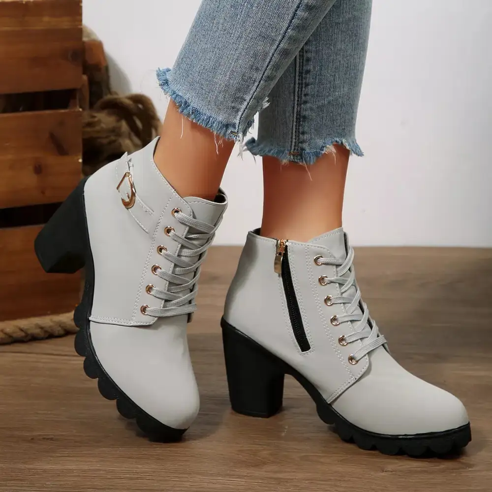 Textured Lace-Up Block Heel Boots