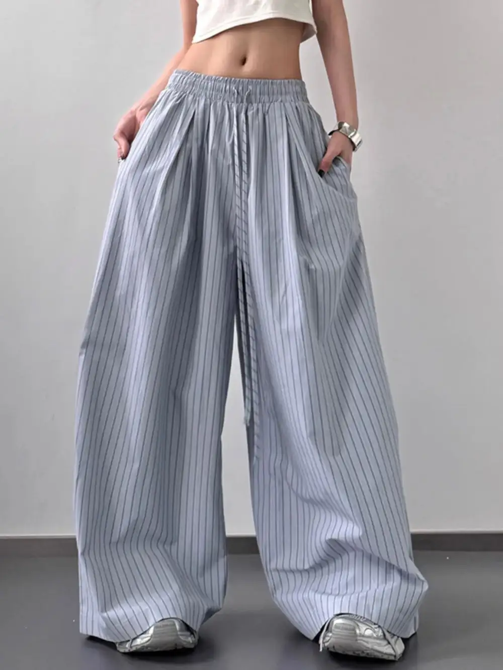 Textured Striped Wide Leg Drawstring Pants