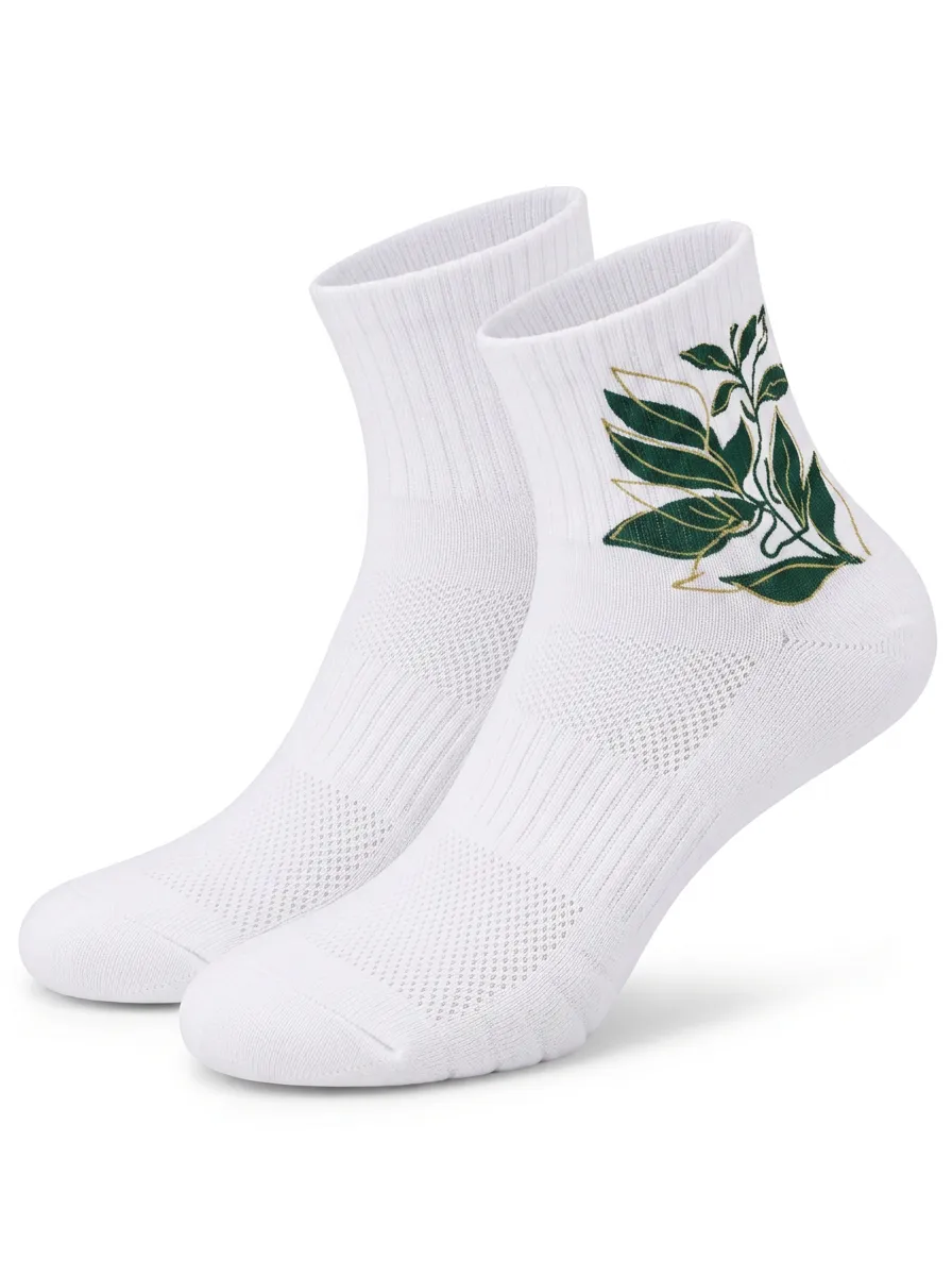 White Adventure Botanical Leaf Graphic Sport Low-Cut Socks