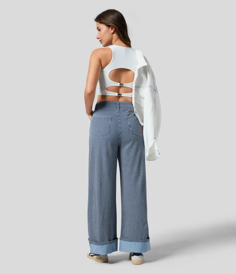 Magic Mid Rise Multiple Pockets Rolled Hem Striped Washed Stretchy Knit Casual Wide Leg Jeans
