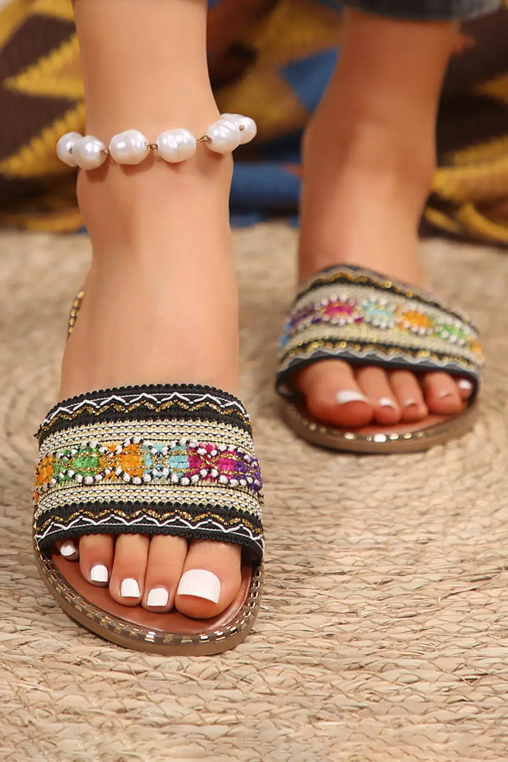 Bohemian Pattern Crochet Faux Leather Beach Slide Slippers