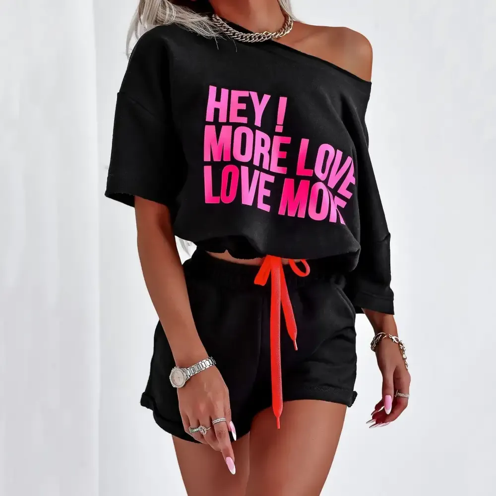 Women's Casual Letter Print Round Neck Short Sleeve Tee and Short Pants two-piece set