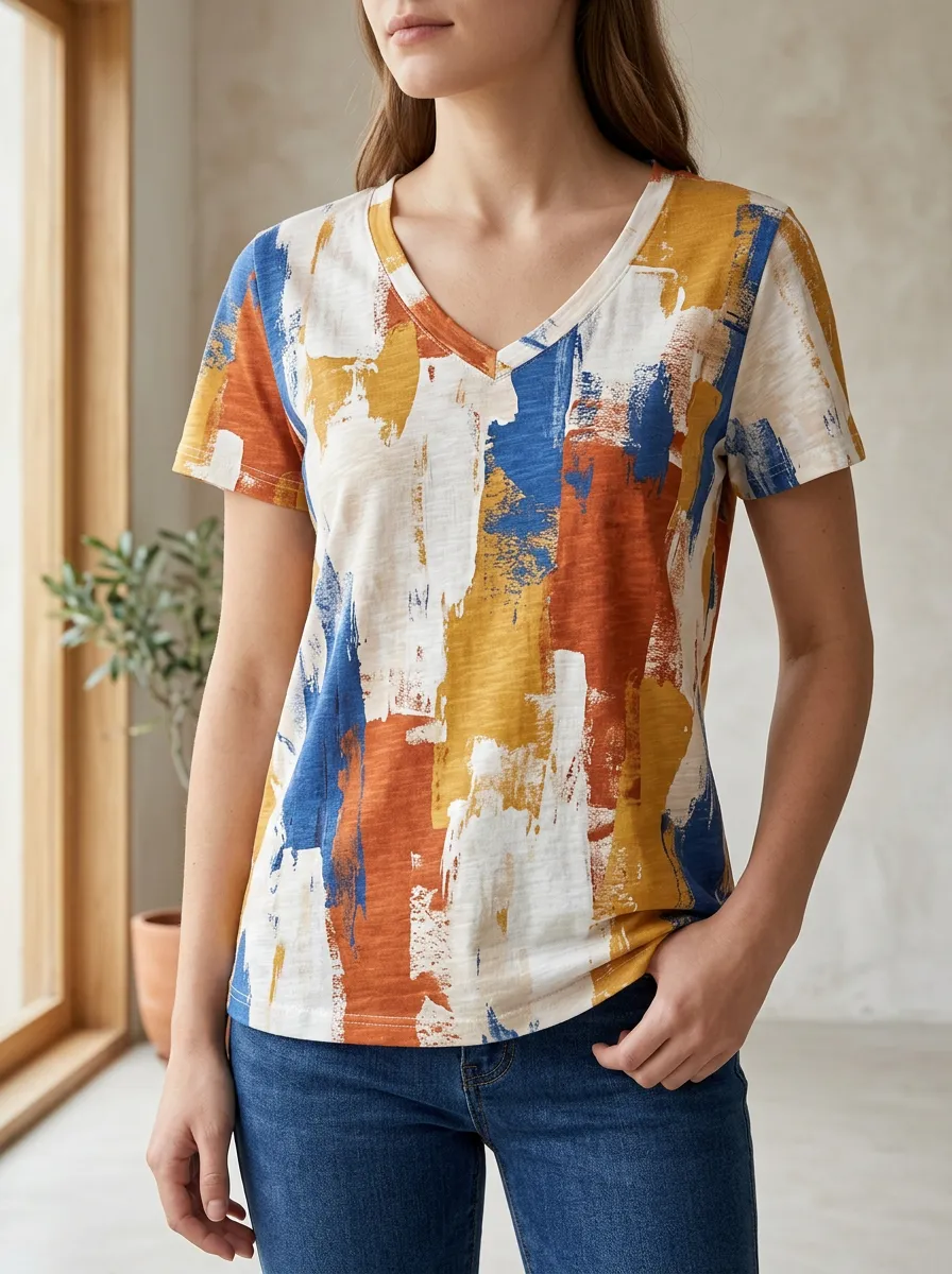 Women's Abstract Art Multi-Color Brushstroke Printed V-Neck T-Shirt