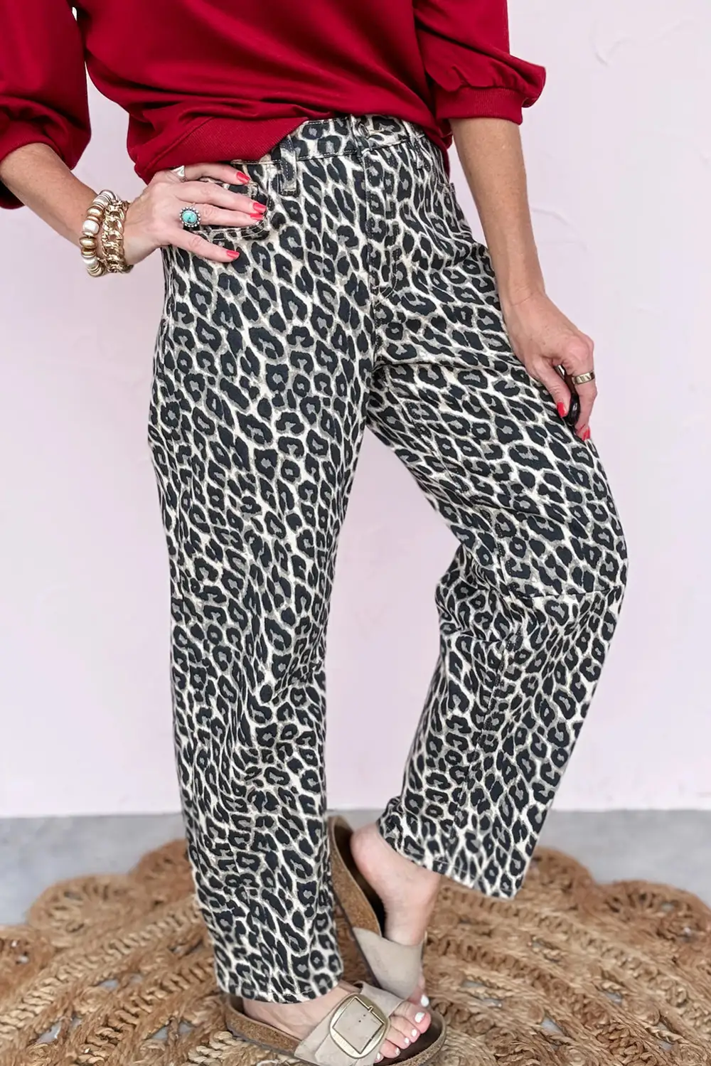 Barrel-Leg Leopard-Print Straight Leg Jeans
