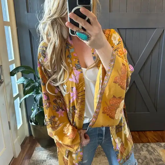 Floral Belted Kimono Sleeve Cardigan