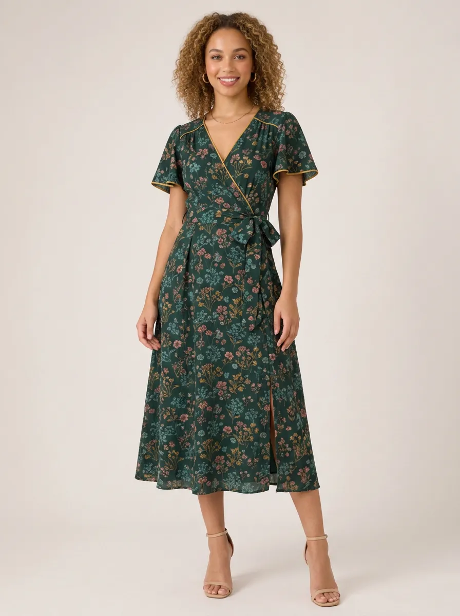 Women's Vintage Floral Dark Green Printed Wrap Dress