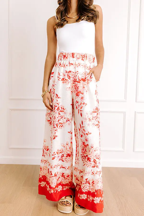 High Waist Wide Leg Floral Linen Pants
