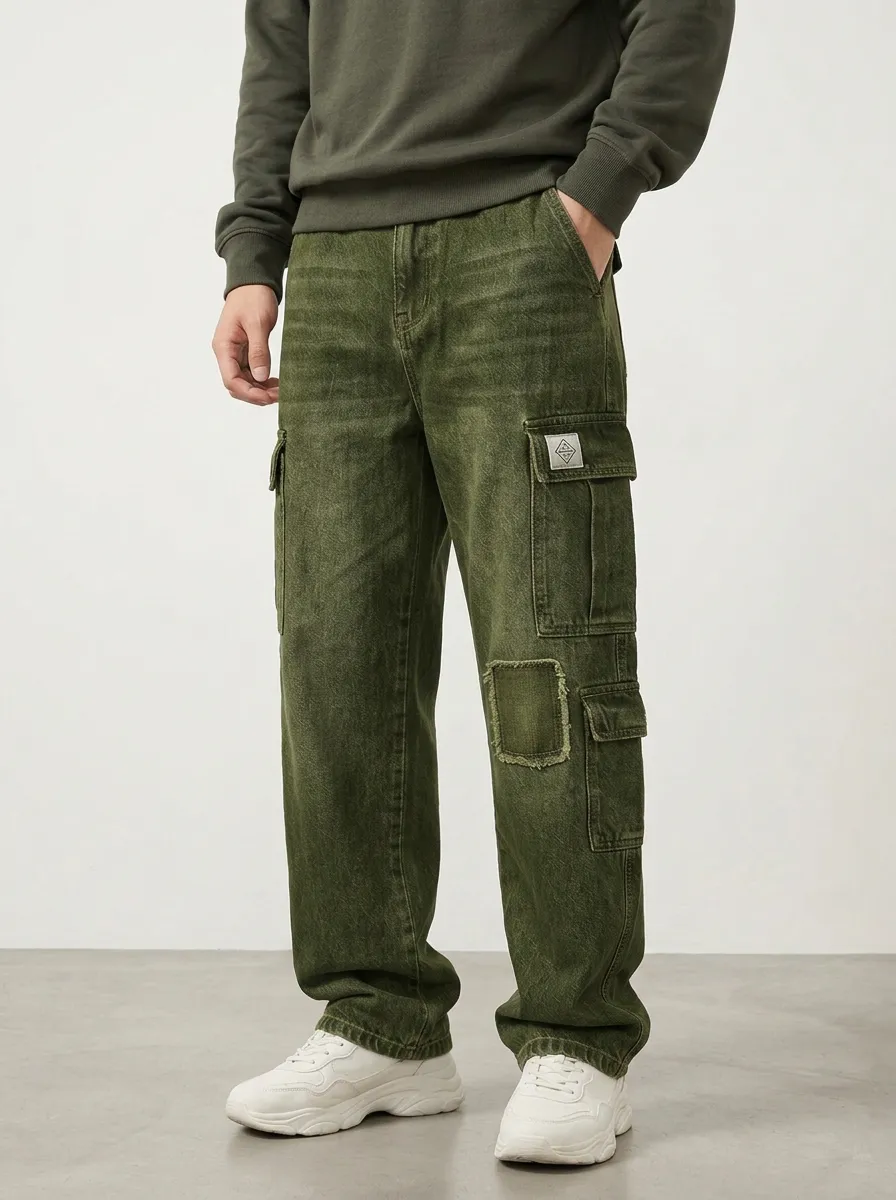 Men's Streetwear Patchwork Denim Multi-Pocket Cargo Jeans