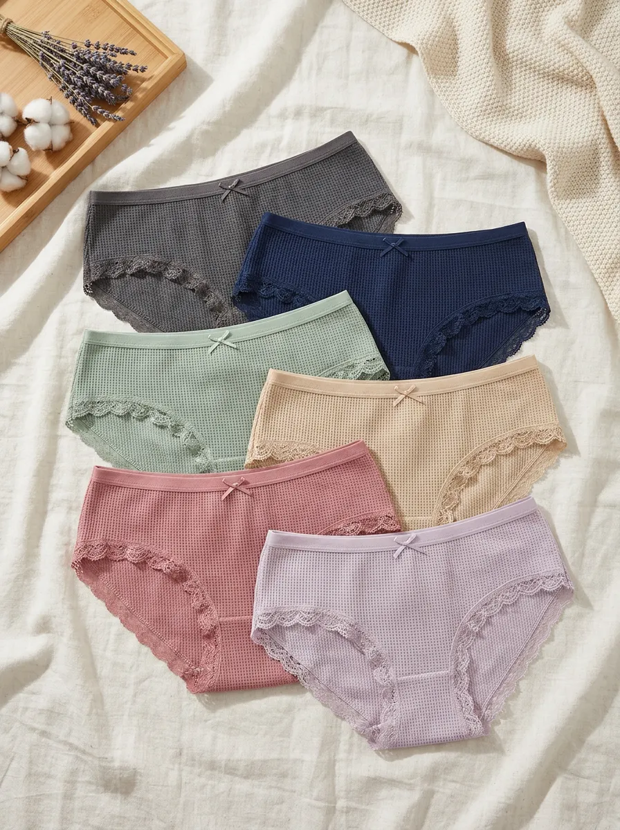 Women's Lace Trim Bow Detail Waffle Knit 6-Pack Underwear Set