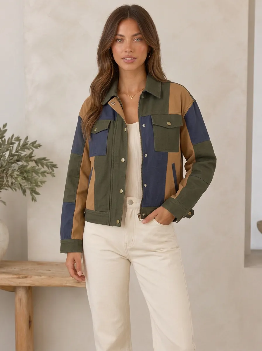 Women's Casual Fashion Colorblock Patchwork Button Up Jacket
