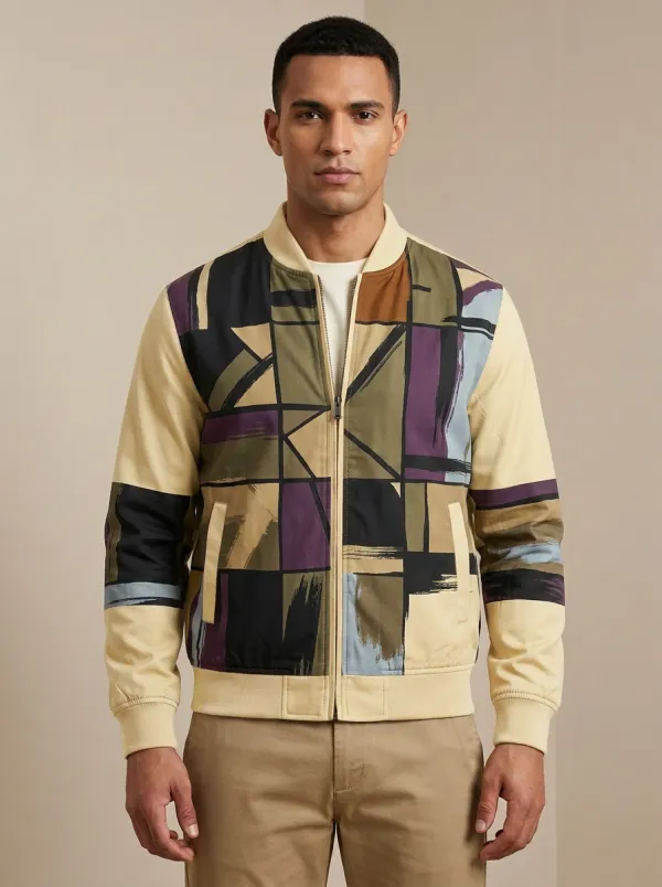 Geometric Print Ribbed Trim Welt Pockets Bomber Jacket
