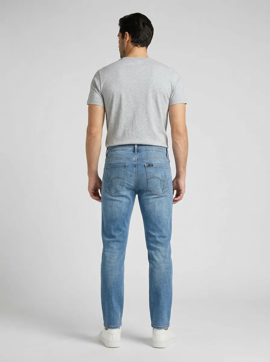 Men's Casual Leaf Embroidery Light Wash Printed Stretch Jeans