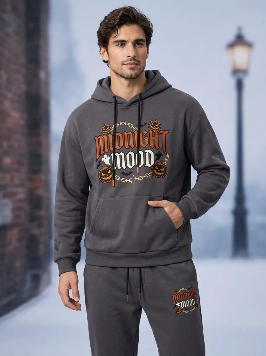 Men's Halloween Charcoal Midnight Mood Pumpkin Kangaroo-Pocket Dropped-Shoulder Hoodie Jogger Set