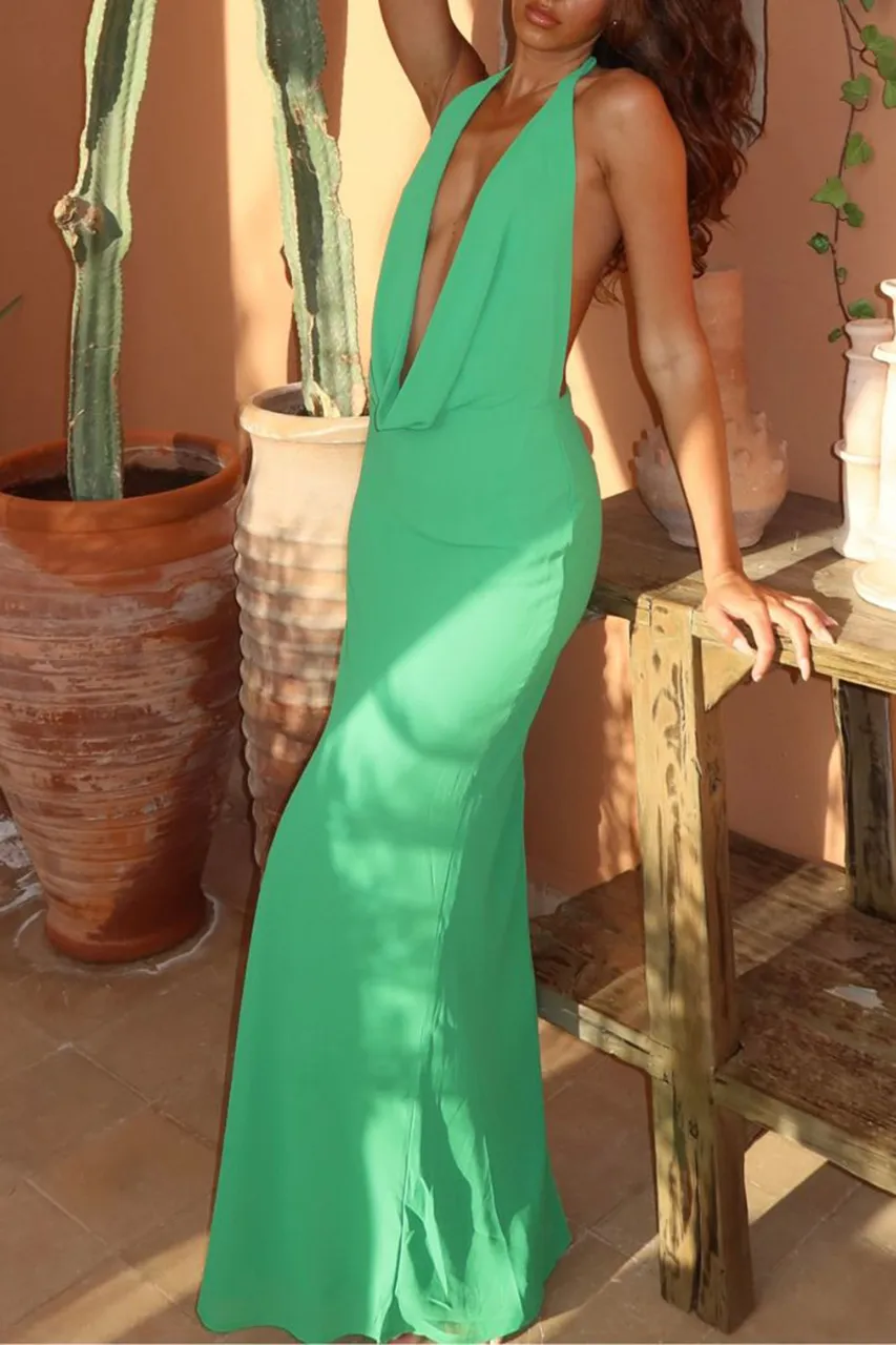 Deep V-Neck Fitted Maxi Dress