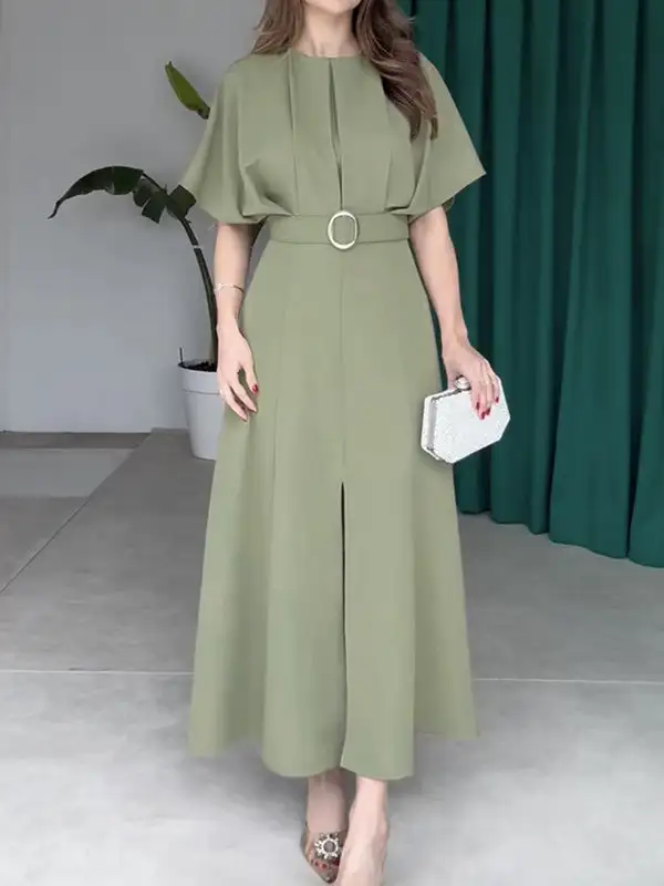 Split Pleated Sleeve Neck Maxi Dress