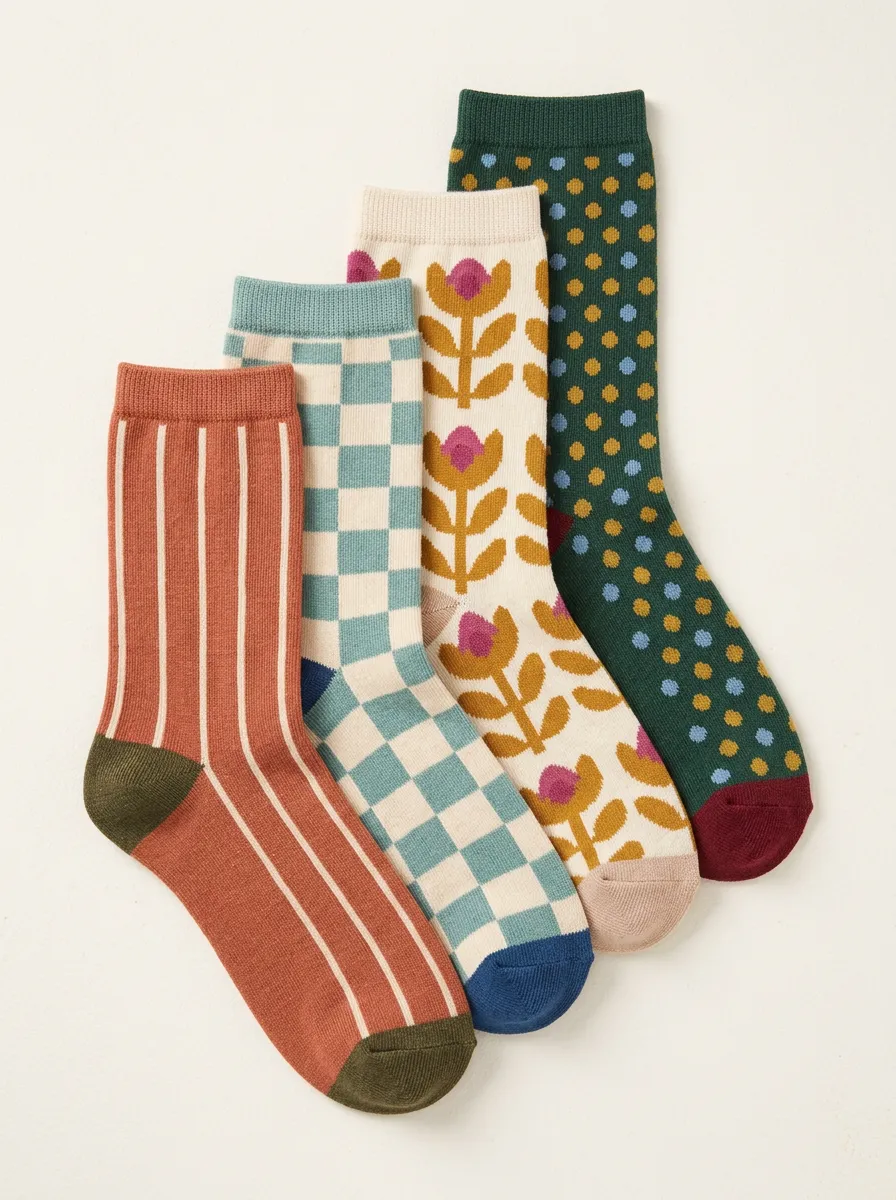 Nature Inspired Checkerboard Floral Striped Retro Four-Pair Casual Socks