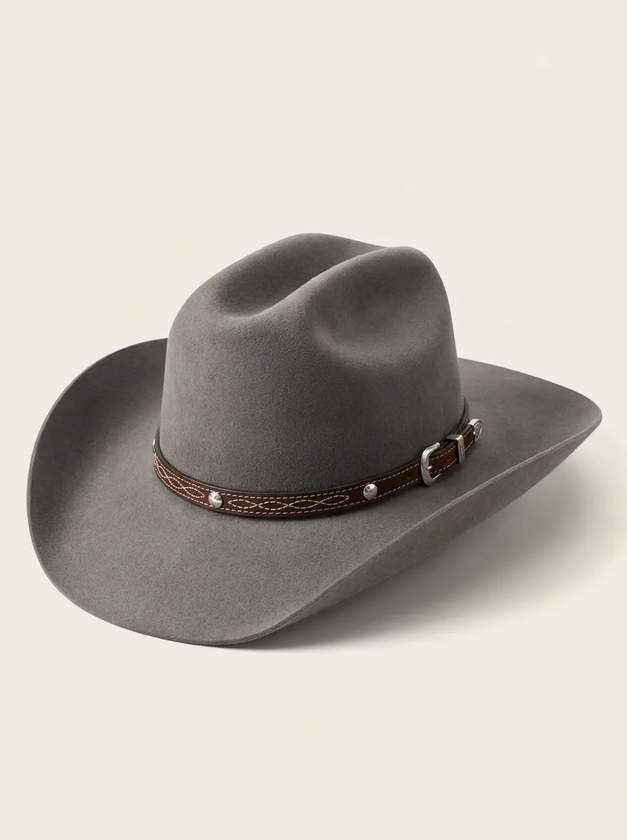 Studded Leather Band Grey Felt Cowboy Hat