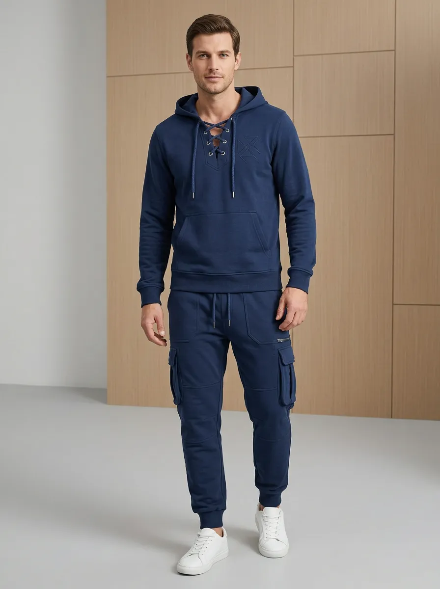 Streamlined Lace-Up Multi Pocket Outdoor Look Men's Lace Up Hoodie And Cargo Jogger Set