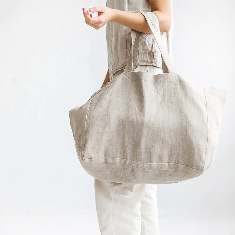 Large Pure Linen Beach Bag Solid Color Handbag Eco-Friendly
