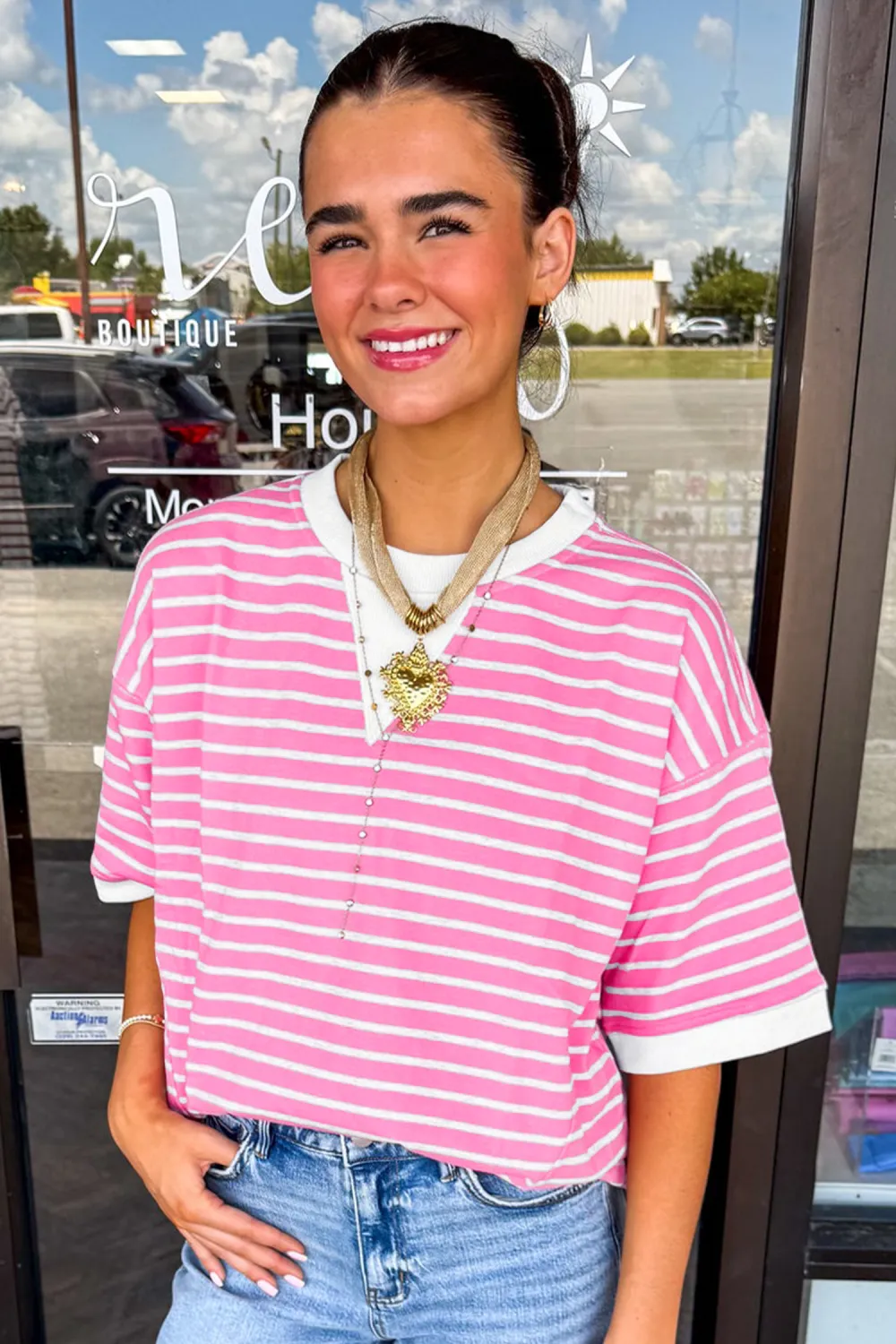 Pink Stripe Round Neck Drop Top