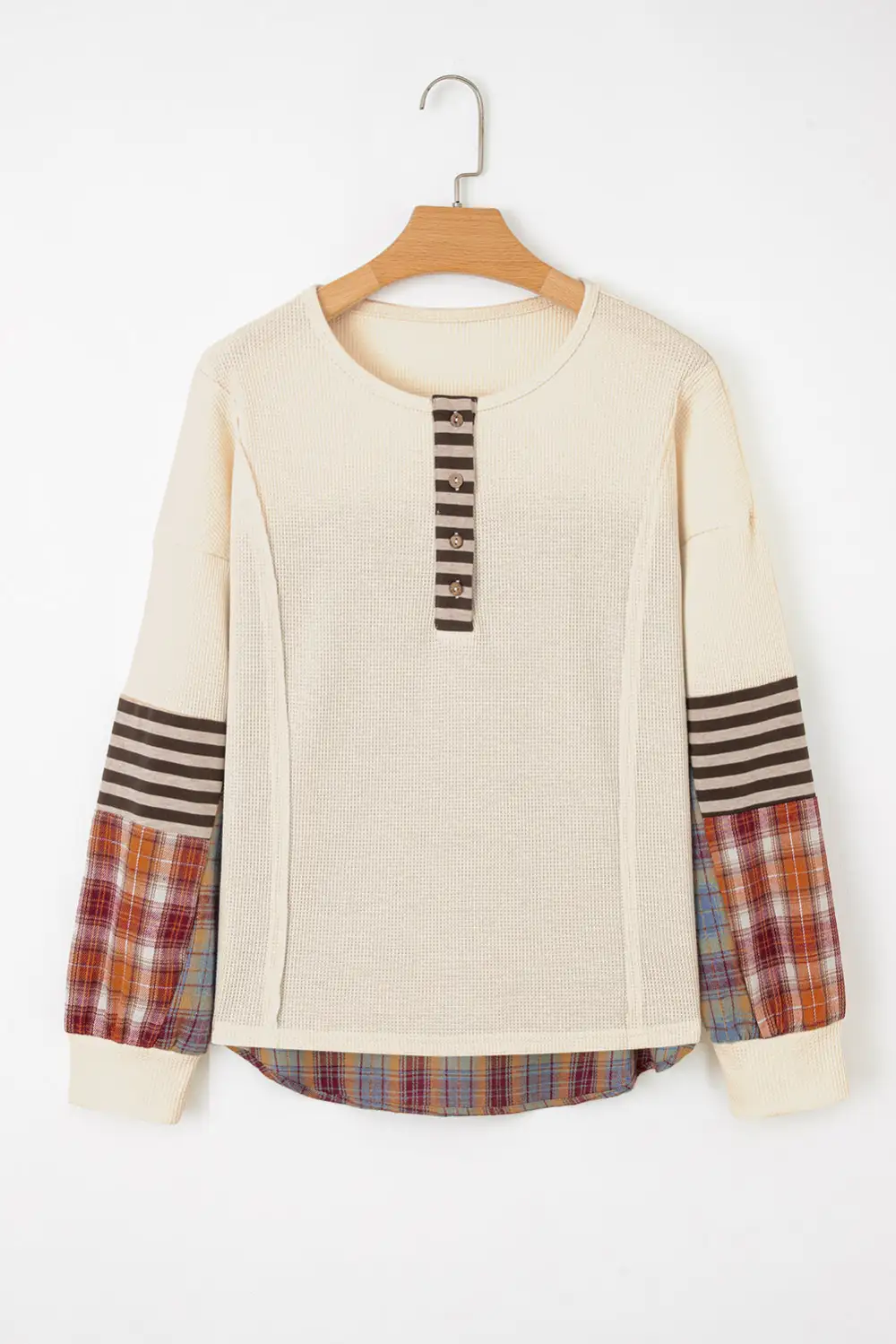 Plaid Henley Neck Waffle Knit Relaxed Cotton Blend Long Sleeve Top