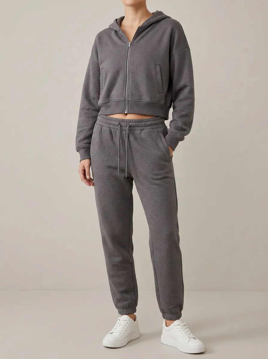 Jogger Sporty Geometric-Detail Women's Cropped Zip-Up Hoodie Jogger Active Set